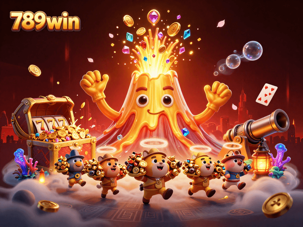 Compelling 789win illustration showcasing a golden volcano and treasures from a vibrant casino world.