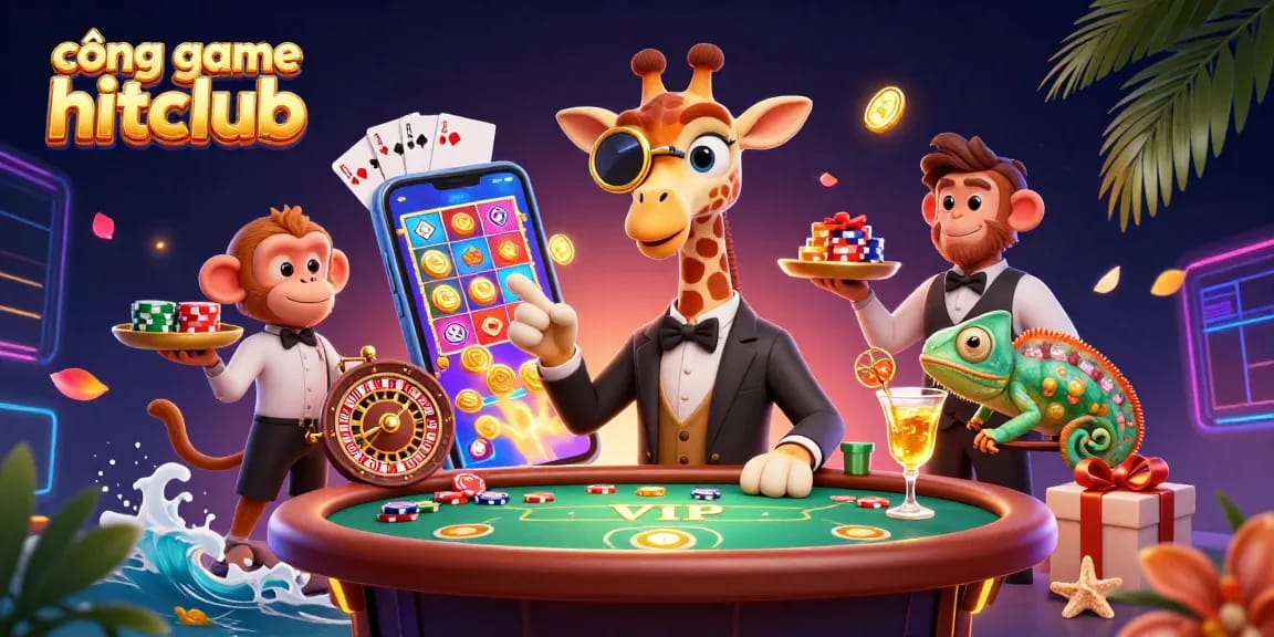 Play exciting games at cổng game hitclub with a unique 3D gambling scene featuring a giraffe, monkey, and chameleon.