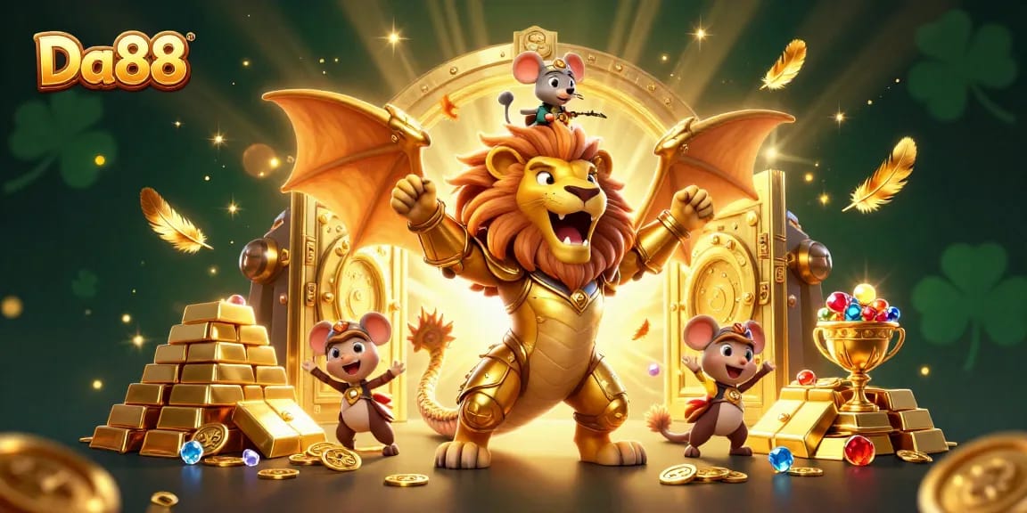 Experience the thrilling adventure of Da88 as a chimera roars amidst piles of treasure and vibrant casino elements.