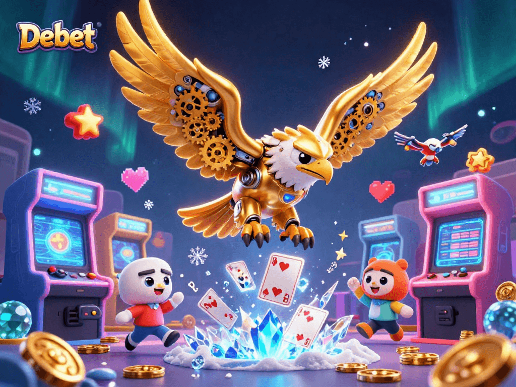 Debet's cybernetic golden eagle soaring through holographic cards in an energetic casino scene.