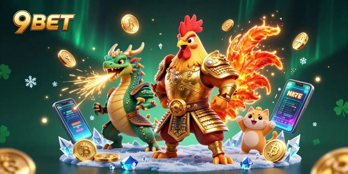 Experience the excitement of 9BET with a dynamic scene featuring a rooster warrior, dragon, and crypto elements.