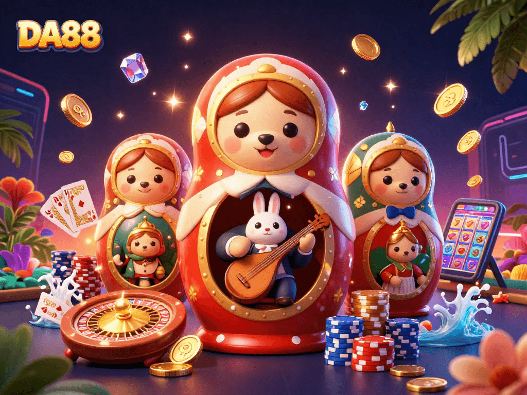 DA88 welcomes players with vibrant casino fun, showcasing spinning slots and colorful poker chips.