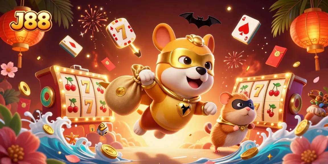 Engage in thrilling gaming action with J88, featuring a superhero dog and riches in a vibrant casino scene.