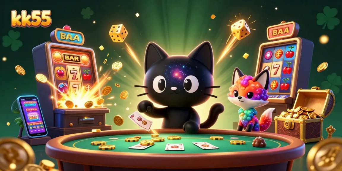 Experience winning with kk55 in a colorful casino scene filled with jackpots, treasures, and cosmic friends.