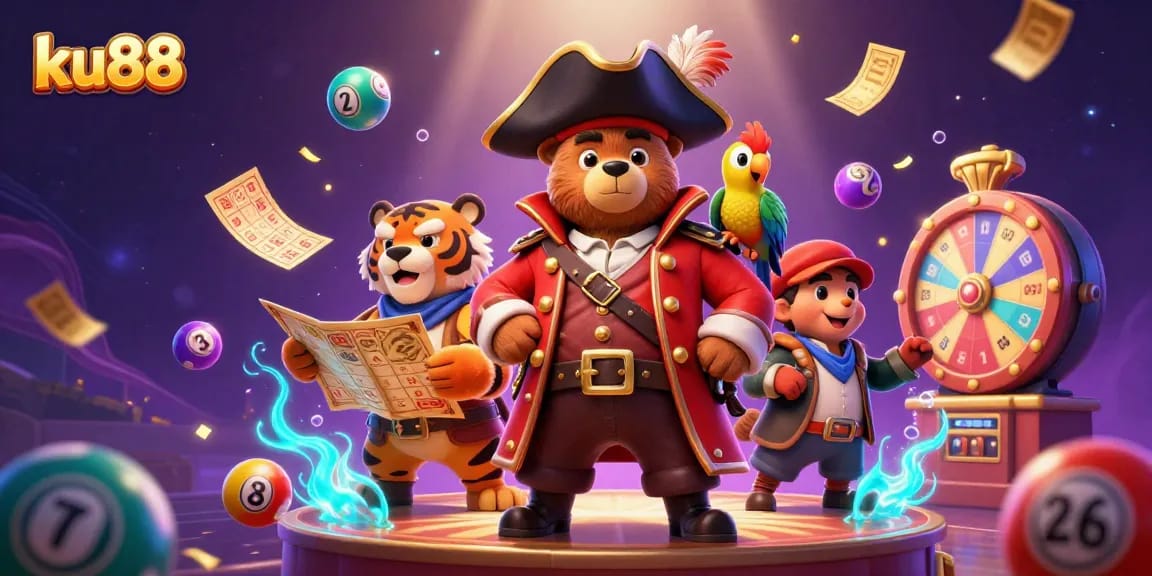 Engage with ku88's exciting lottery scene featuring a cartoon pirate bear and vibrant game elements.