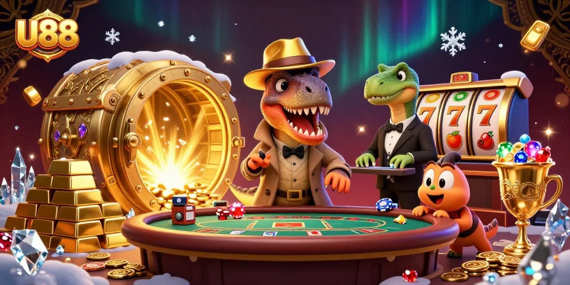 U88 players strategically bluff at a blackjack table surrounded by treasure, illustrating excitement and action.