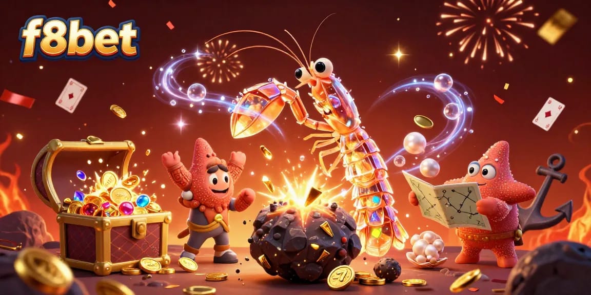 Experience the excitement of f8bet in this dynamic casino-themed 3D illustration featuring galactic characters and golden treasures.