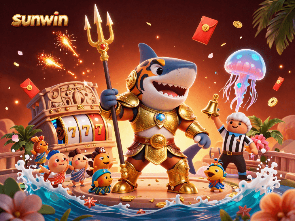 Engage with sunwin's electrifying slot experience featuring a heroic shark amidst underwater festivities.
