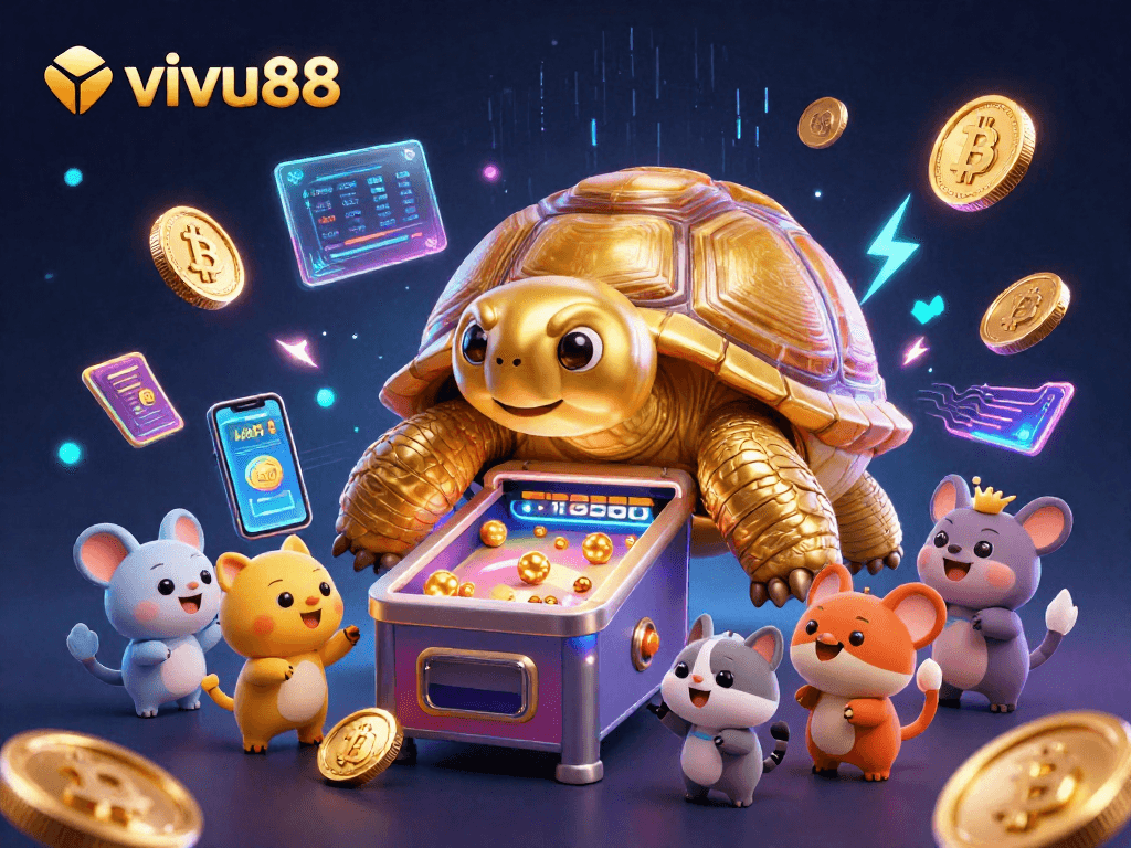Experience vivu88's thrilling gaming with a golden tortoise pinball machine and vibrant crypto elements.