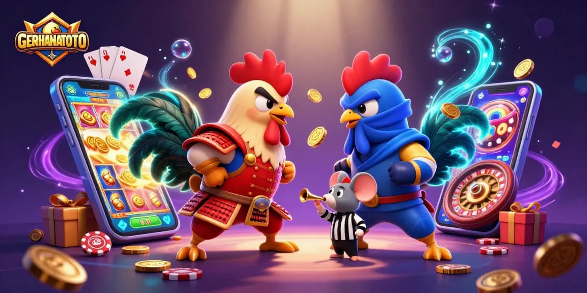 GERHANATOTO menghadirkan duel ayam laga secara dramatis dengan efek kasino yang menawan.