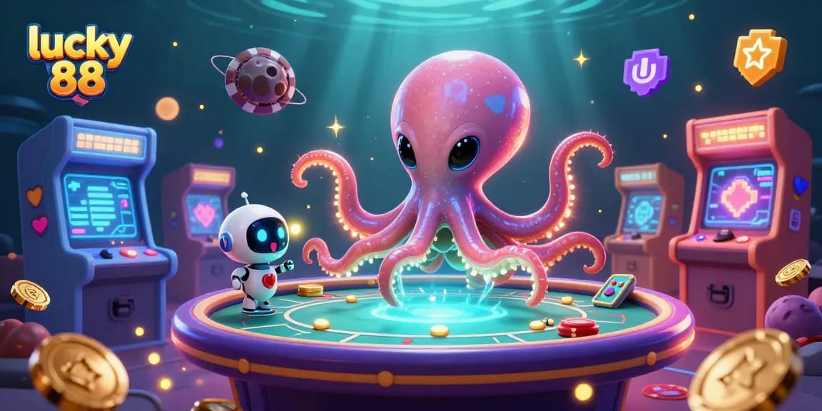 Experience lucky 88 with a vibrant 3D casino scene featuring an alien octopus and poker action.