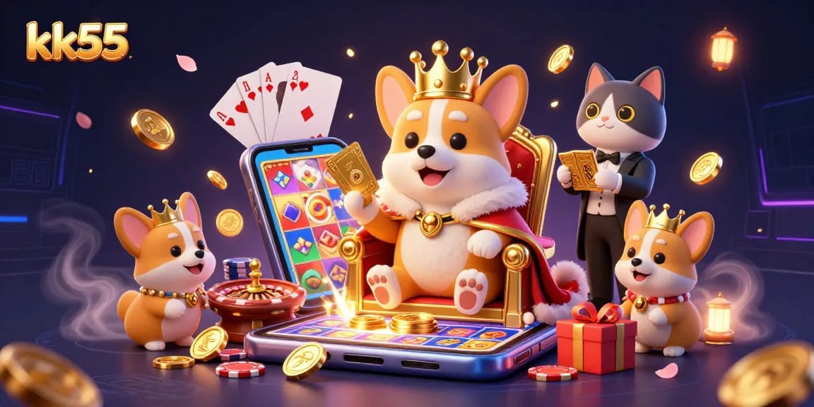 Experience exciting slots with kk55's vibrant 3D illustration showcasing games and thrilling prizes.