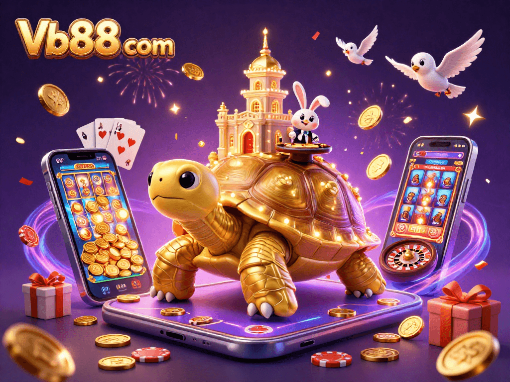 Win big with Vb88 com in this vibrant casino scene featuring golden tortoise and lively gameplay elements.