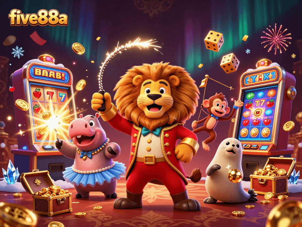 Experience thrilling wins with five88a at this vibrant 3D casino scene bursting with jackpots!