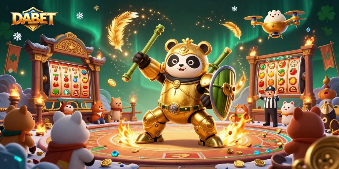 DABET showcases a vibrant online casino arena with a mech-suit panda and slot elements, creating an exciting gaming atmosphere.