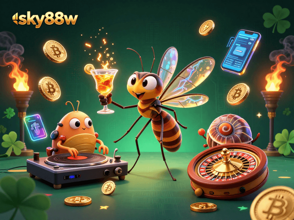 Engage in thrilling gameplay at sky88w, featuring a dynamic casino scene with vibrant 3D characters and crypto elements.