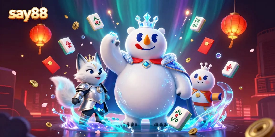 Engage in excitement at say88 with a dazzling scene of a polar bear king and fox gaming companions.