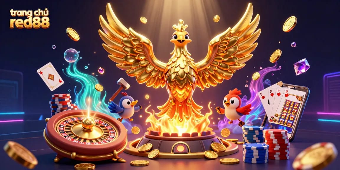 Experience the vibrant world of gaming at trang chủ red88, featuring a stunning golden phoenix and dynamic casino elements.