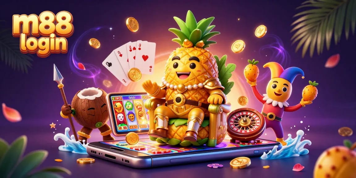 Place your bets with m88 login, featuring a vibrant casino scene with characters and games.