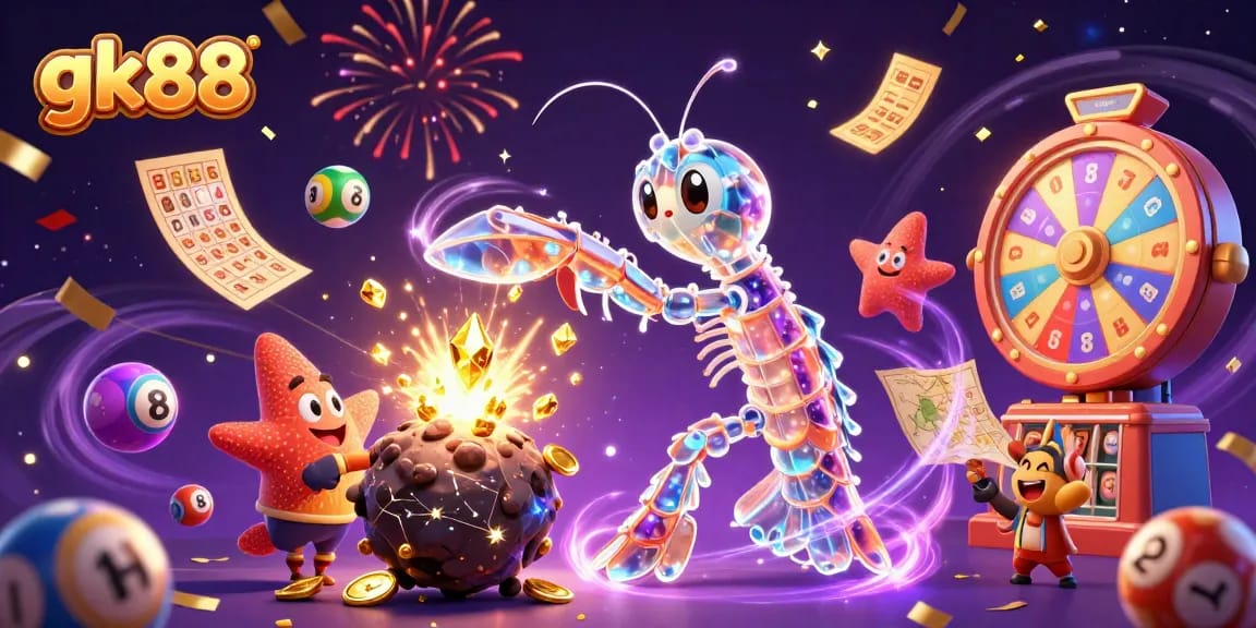 Engage with gk88 at a thrilling casino scene featuring a galactic samurai mantis shrimp amid vibrant gambling elements.