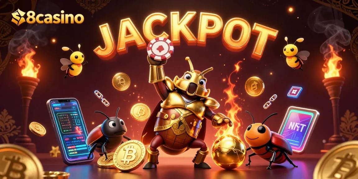 S8casino features a victorious beetle lifting a poker chip amidst vibrant casino elements and fireflies spelling JACKPOT.