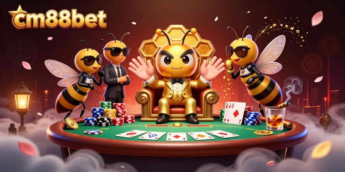 Engage in thrilling gameplay at cm88bet with a captivating bumblebee boss surrounded by poker elements.