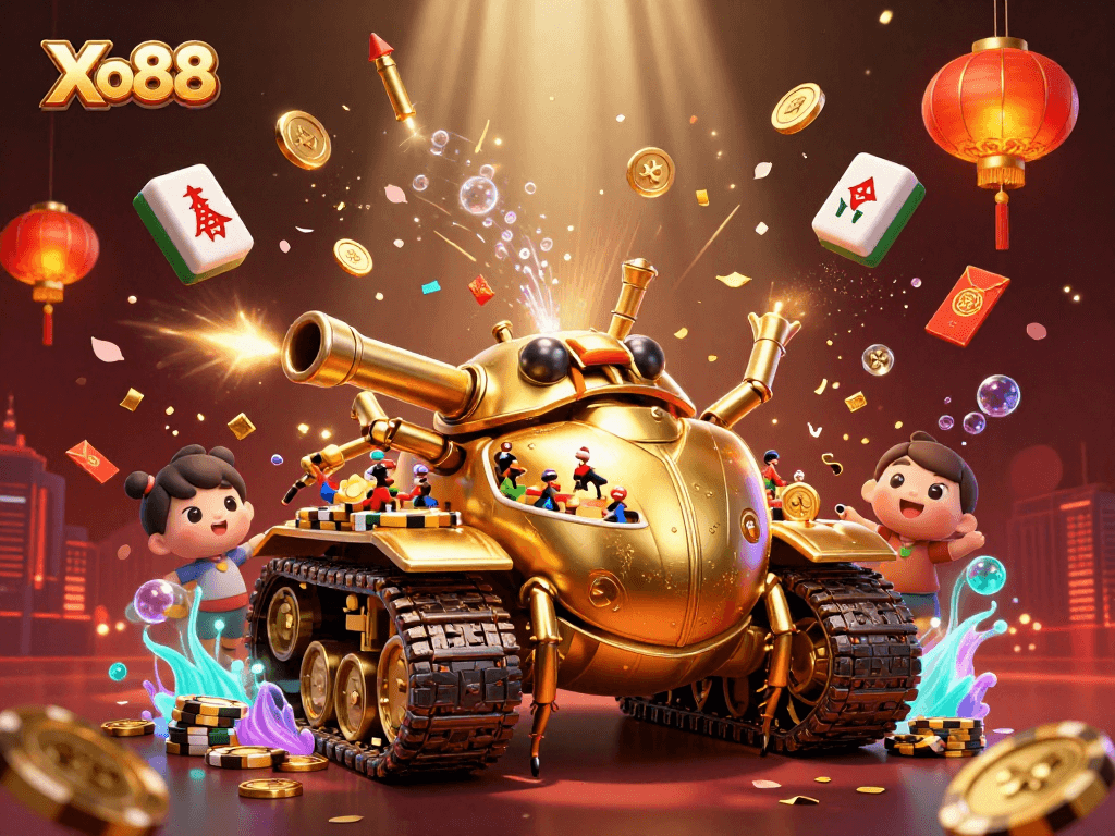 Xo88's vibrant casino scene showcasing a massive golden beetle tank, lively patrons, and festive decorations.