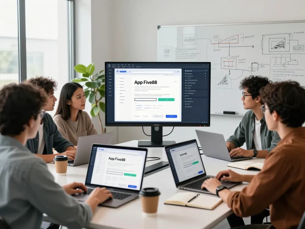 Team collaborating on the App Five88 design in a modern workspace.