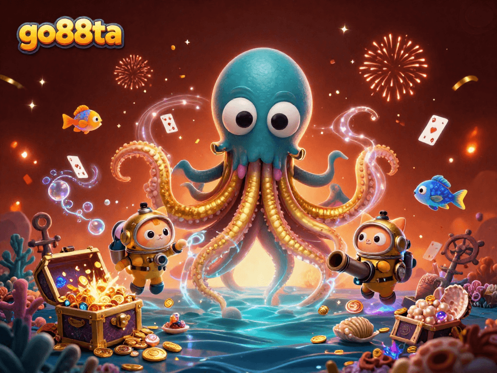 Experience go88ta thrills with an intricate scene featuring kraken, diving cat, and treasure.
