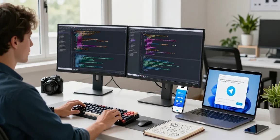 Download Telegram on a developer's workstation with vibrant code and tech gadgets in a modern office.
