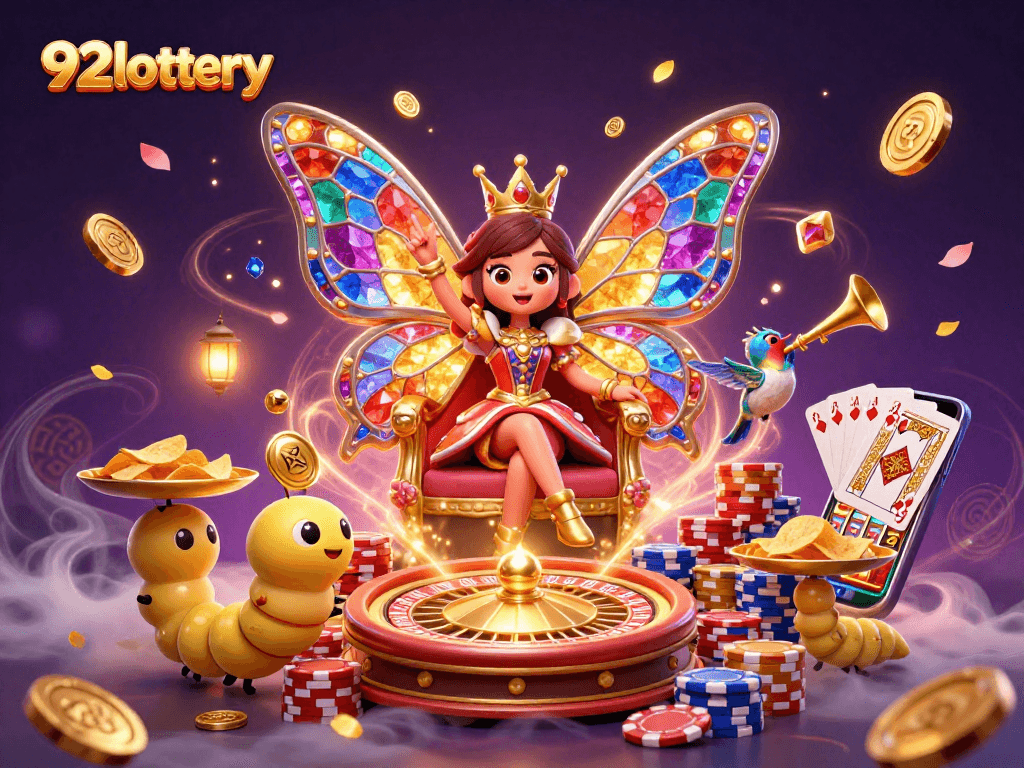 Experience the excitement of 92lottery with vibrant characters and casino elements in a colorful fantasy.