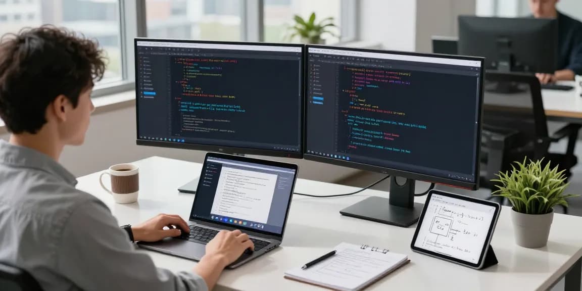 Developer optimizing network settings with 快连 software at a modern tech workspace.
