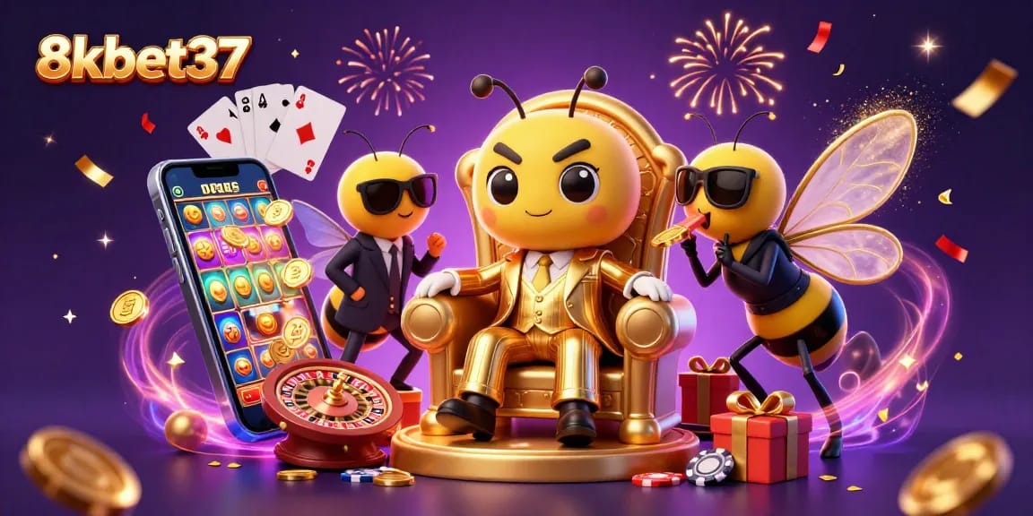 Experience thrilling games at 8kbet37, featuring a lively cartoon boss and luxurious casino elements.