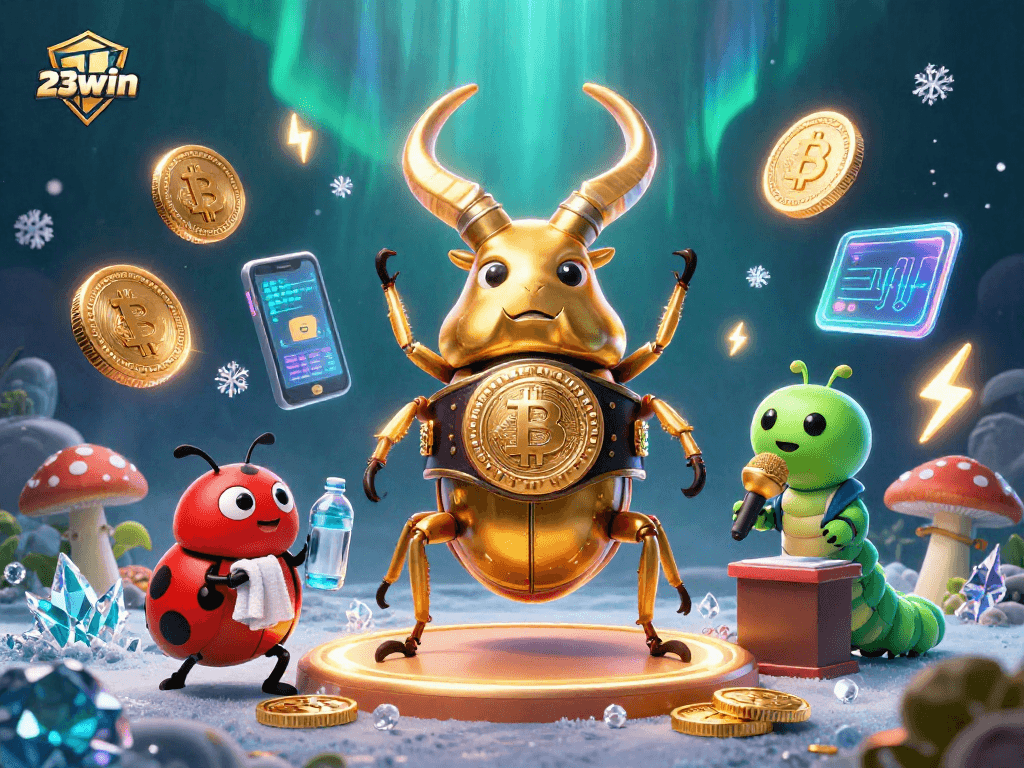 Bet on 23win with a dynamic 3D scene featuring vibrant casino elements and engaging characters.