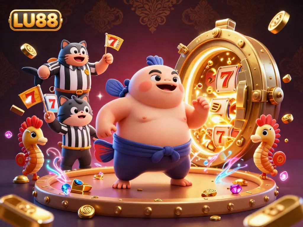 Engage with LU88's vibrant casino adventure featuring a whimsical fugu and an underwater betting scene.