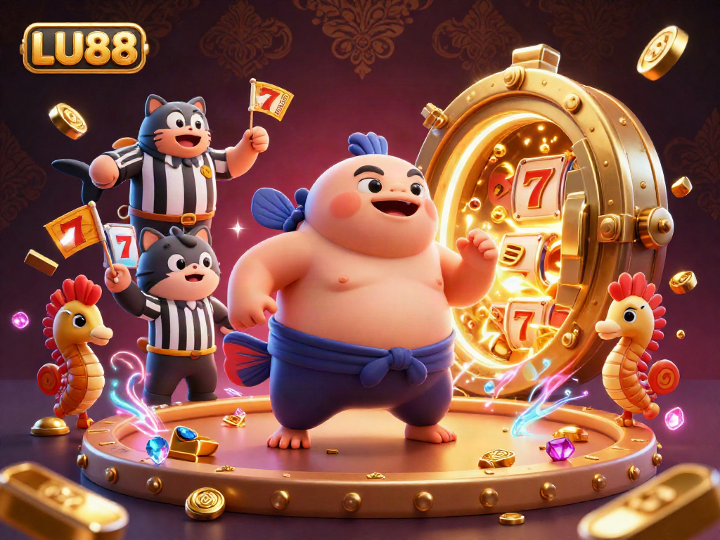 Engage with LU88's vibrant casino adventure featuring a whimsical fugu and an underwater betting scene.
