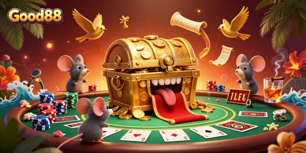 Good88 captivates players with a vibrant casino scene featuring a golden treasure chest and poker elements.