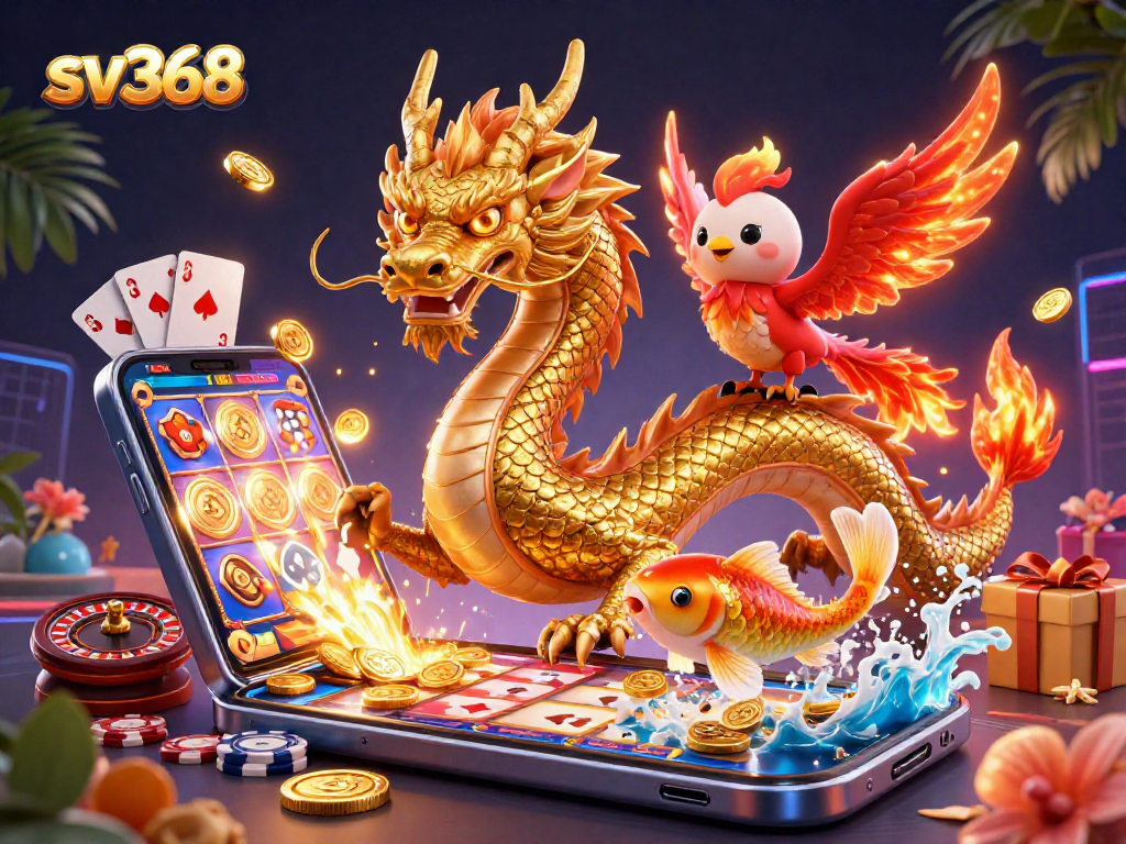 Engage with thrilling sv368 gameplay featuring a golden dragon, phoenix, and koi fish in a vibrant casino scene