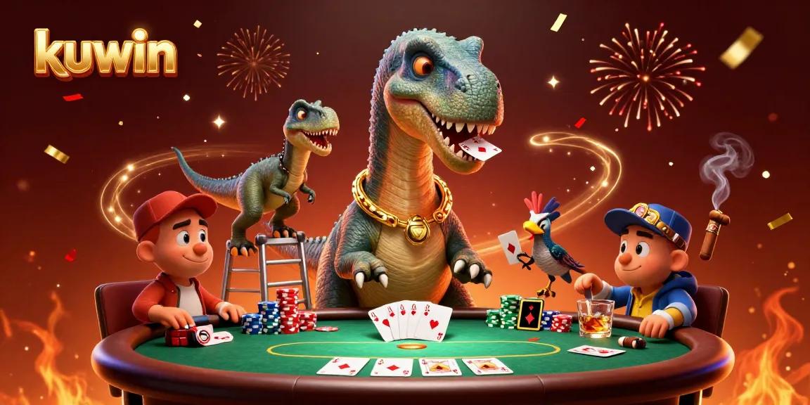Kuwin's vibrant casino scene showcases a brontosaurus overseeing a poker game with dynamic elements.