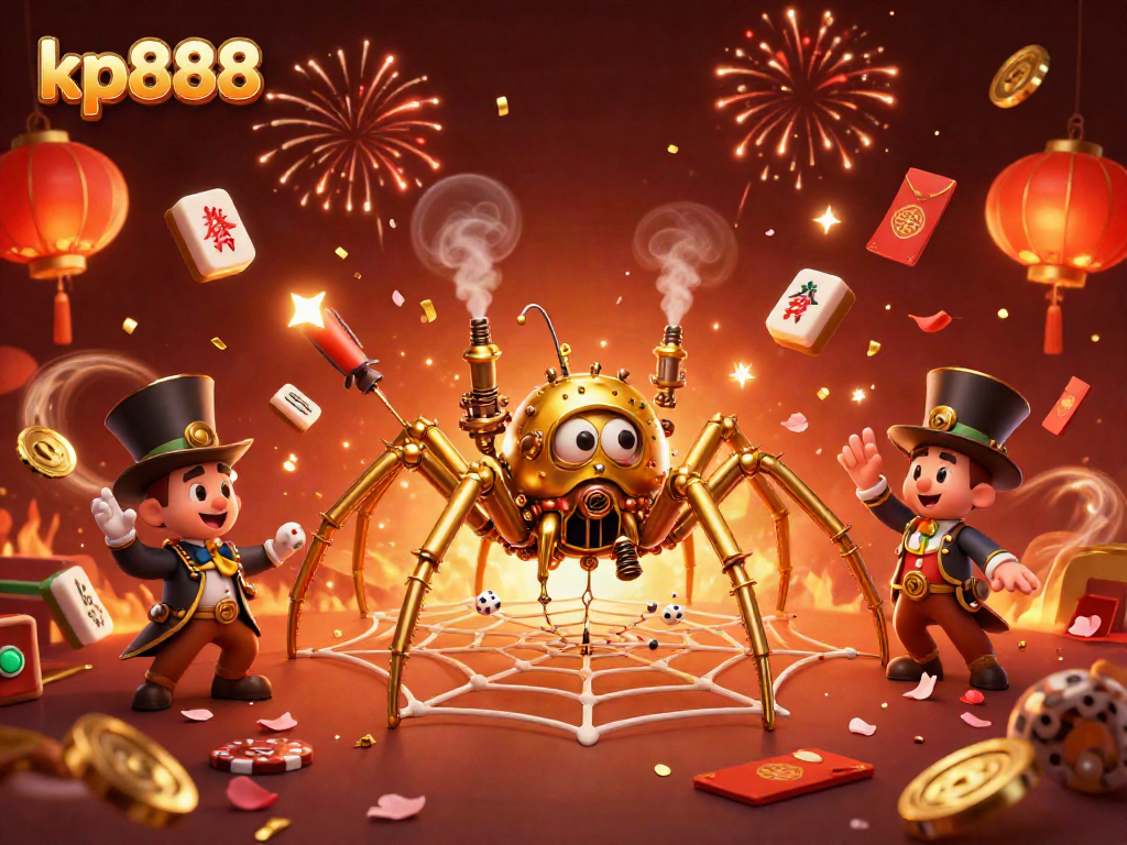 Engage with kp888's imaginative casino world featuring a steampunk spider and playful fly.