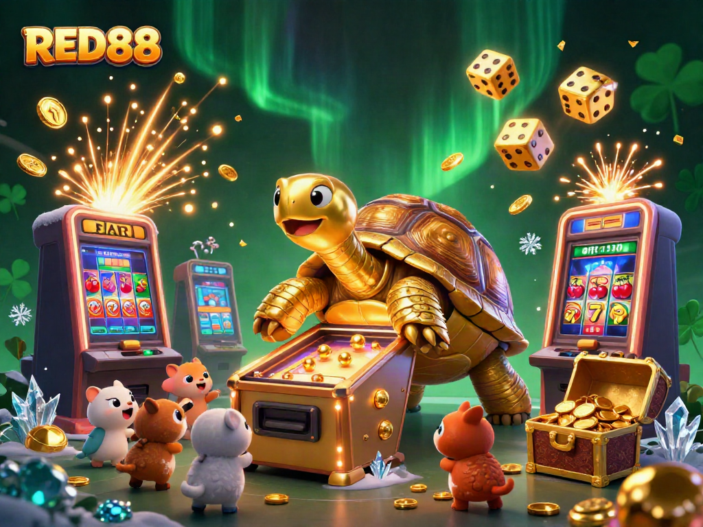 Spin slots and win rewards at RED88 casino in an exciting 3D scene of gaming action.