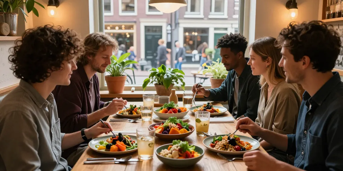 Delicious vegetarian food in Utrecht, friends enjoying plant-based dishes at Copper Branch restaurant, inviting atmosphere.