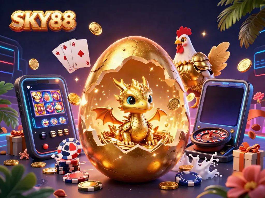 Experience thrilling gaming with SKY88's ultra-detailed illustration of a golden dragon, poker chips, and vibrant casino elements.