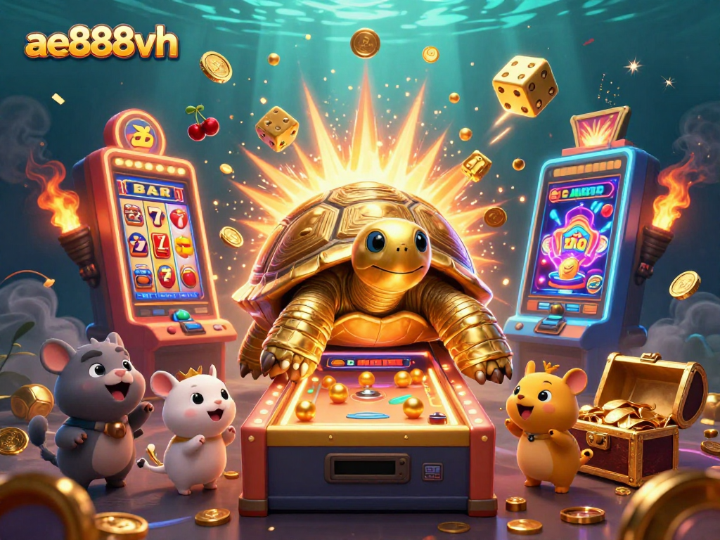 Experience excitement at ae888vh with a vibrant scene of a golden tortoise and casino game elements.