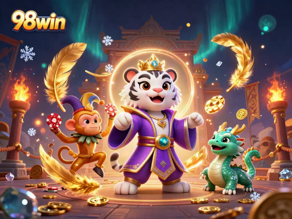 98win engaging gaming environment with a white tiger, golden monkey, and jade dragon.