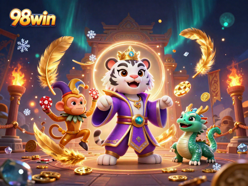 98win engaging gaming environment with a white tiger, golden monkey, and jade dragon.