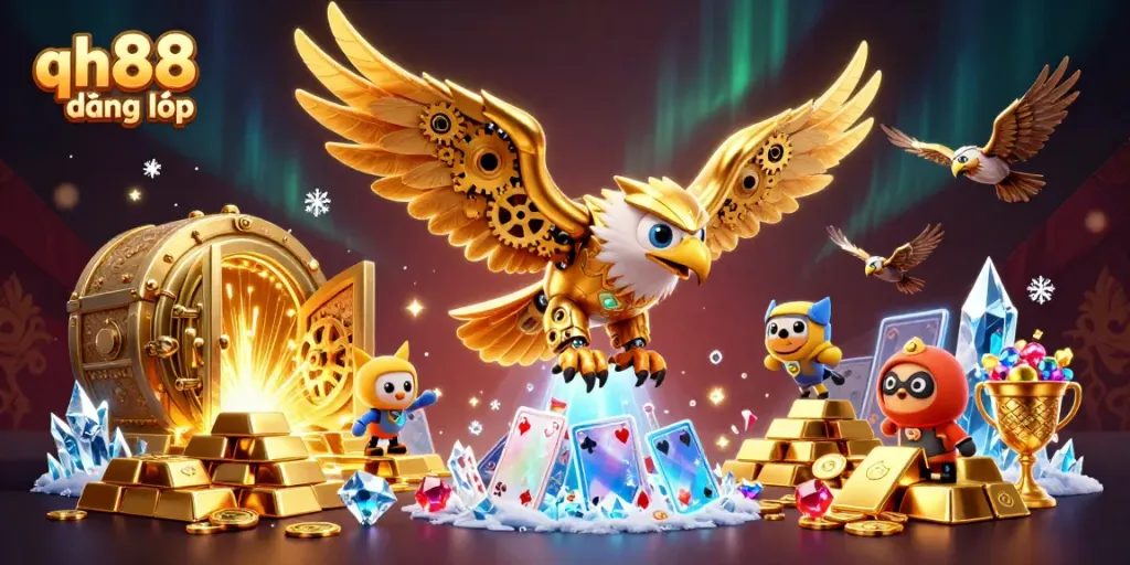 Experience the excitement of qh88 đăng nhập with a dynamic illustration featuring a cybernetic eagle amidst golden treasures.