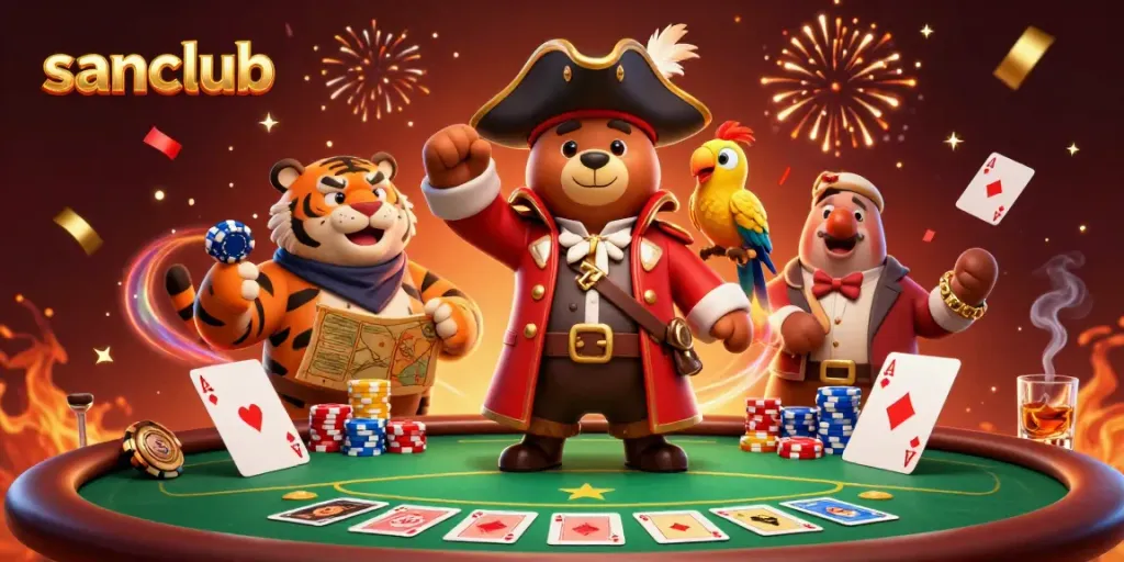 Engage with sanclub's vibrant online casino scene featuring characters at a poker table.