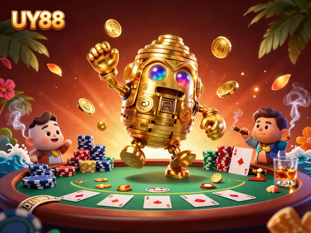 Experience exciting gameplay at UY88 with a vibrant casino illustration showcasing dynamic characters and poker elements.