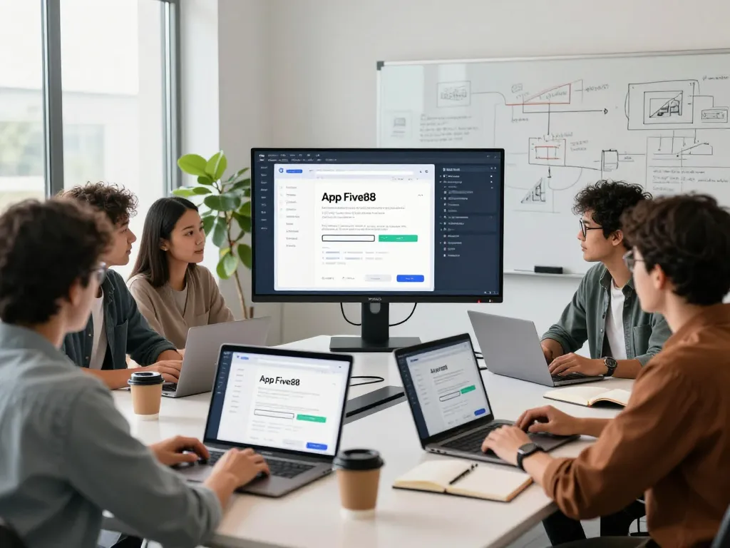 Team collaborating on the App Five88 design in a modern workspace.